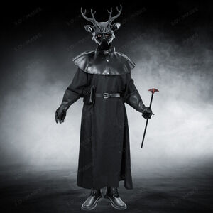 Halloween Black Devil Druid Horned Mask & Plague Doctor Cosplay Outfit Set